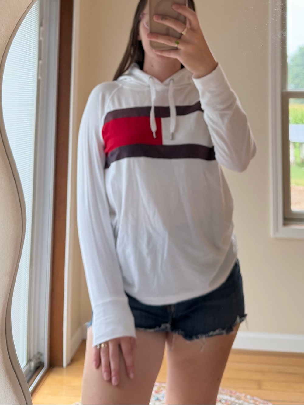Tommy Hilfiger White Hoodie with Red and Black Chest Stripes